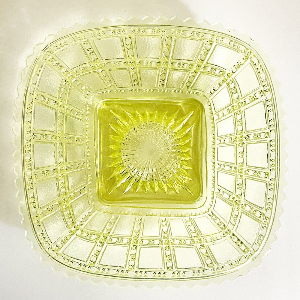 インペリアルグラス Imperial Glass ビーデッドブロック Beaded Block スクエアプレート ガラス イエロー W19.5cm USビンテージ B ■