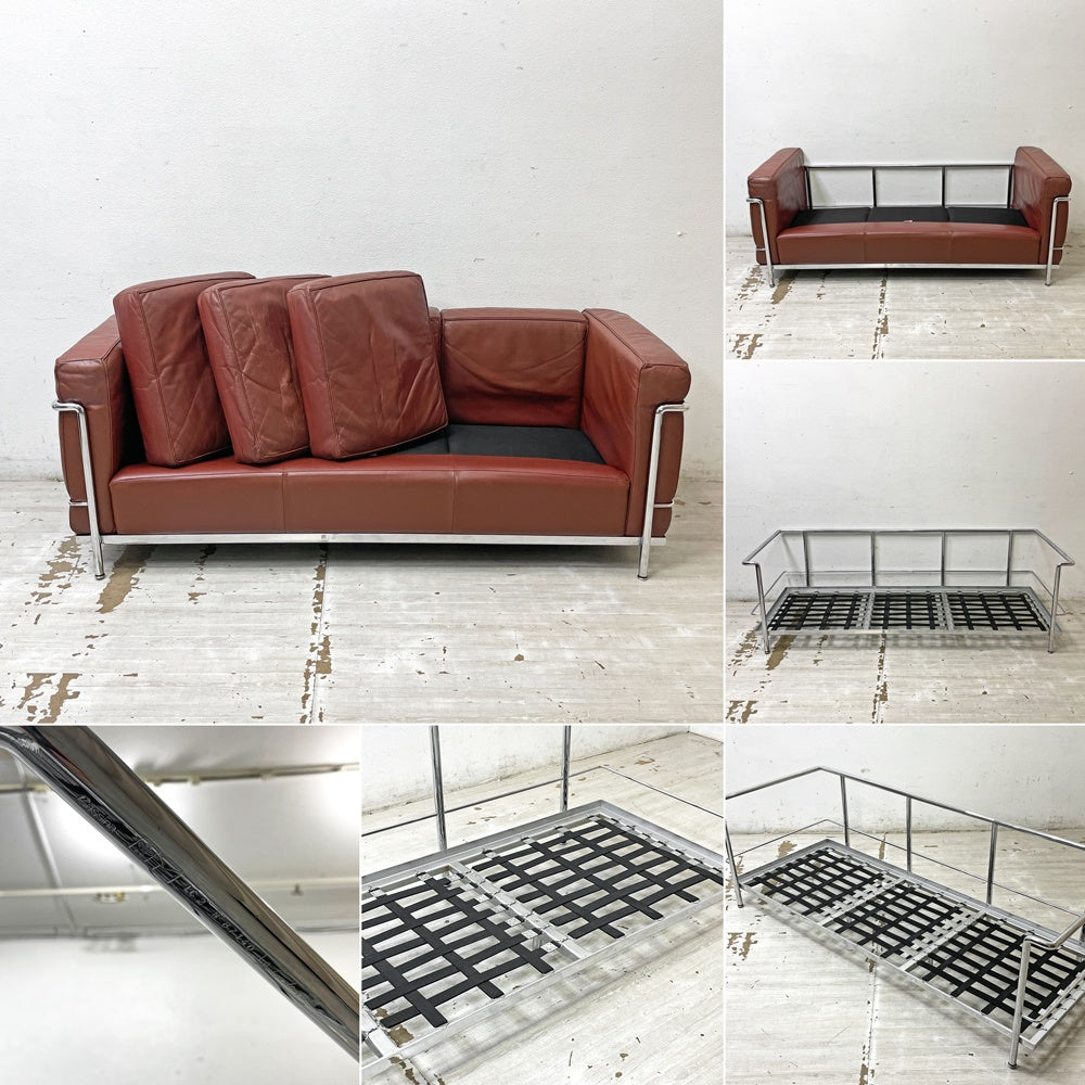 カッシーナ Cassina LC2 ソファ 3シーター ポリエステルパッディング仕様 グランフォール イ・マエストリ ル・コルビュジェ ブラウン系×クローム MoMA永久所蔵品 参考価格：220万相当 ●