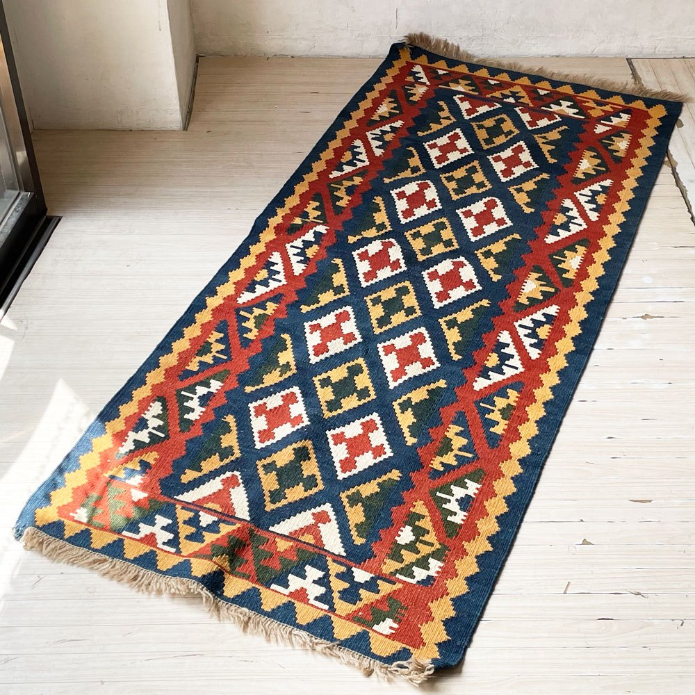 トルコ Turkey 手織り キリム ラグ カイセリ産197×73cm ランナーラグカーペット ブルー系 キッチン エントランス ラグカーペット ★