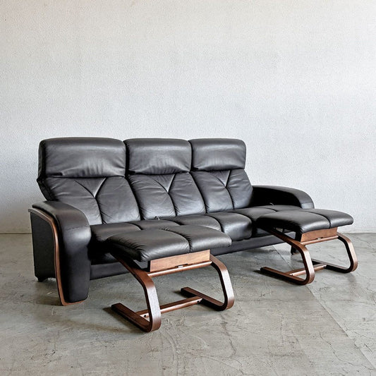 冨士ファニチア FUJI FURNITURE 3pソファ＋オットマン2台付き 本革張り リクライニング機能付き 〓