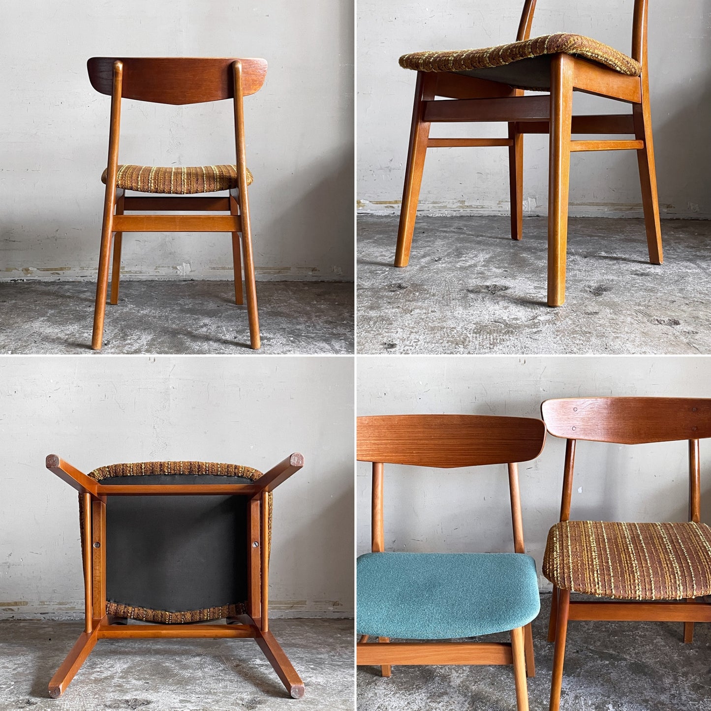 北欧ビンテージ Scandinavian vintage ダイニングチェア チーク材 x ビーチ材 ブラウン系 ストライプ柄 ファブリック 北欧家具 ■