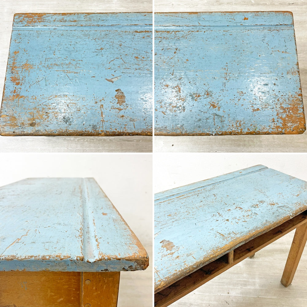 フランスビンテージ French Vintage スクールデスク キッズデスク 学校机 コンソールテーブル 2人掛け ブルーペイント W92cm ●