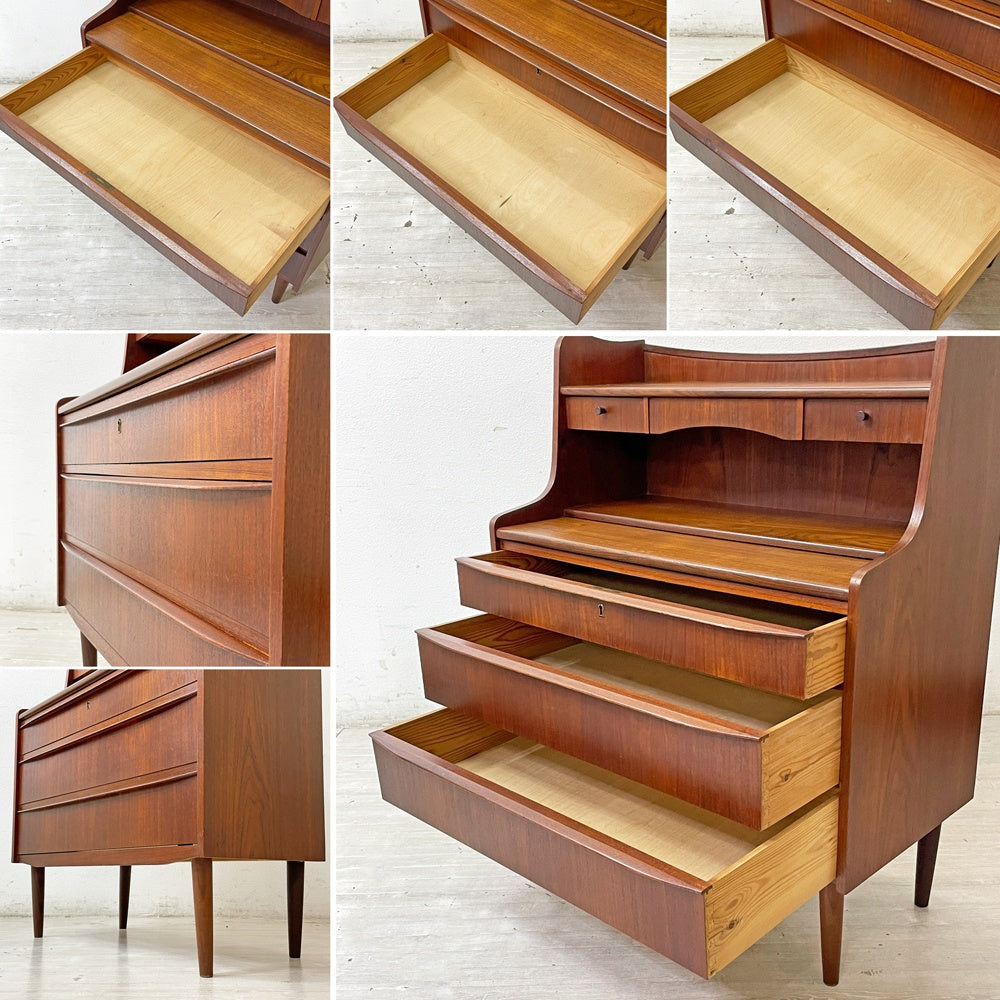 デンマークビンテージ  Danish Vintage チーク材 ライティングビューロー ドレッサー 3ドロワーズ 本棚 スライド天板 鍵欠品 北欧家具 ●