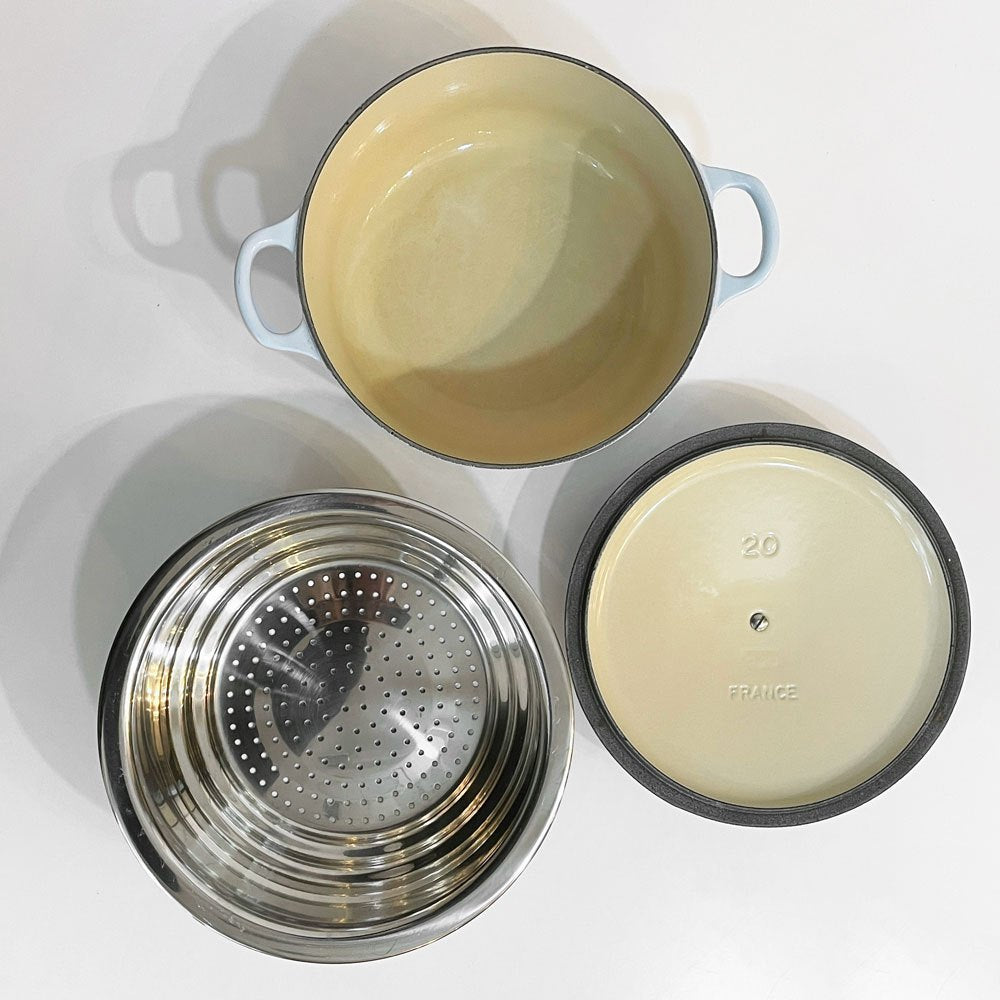 ルクルーゼ LE CREUSET ココットロンド 両手鍋 ＆ マルチスチーマー コースタルブルー 20cm  鋳物 フランス ◎