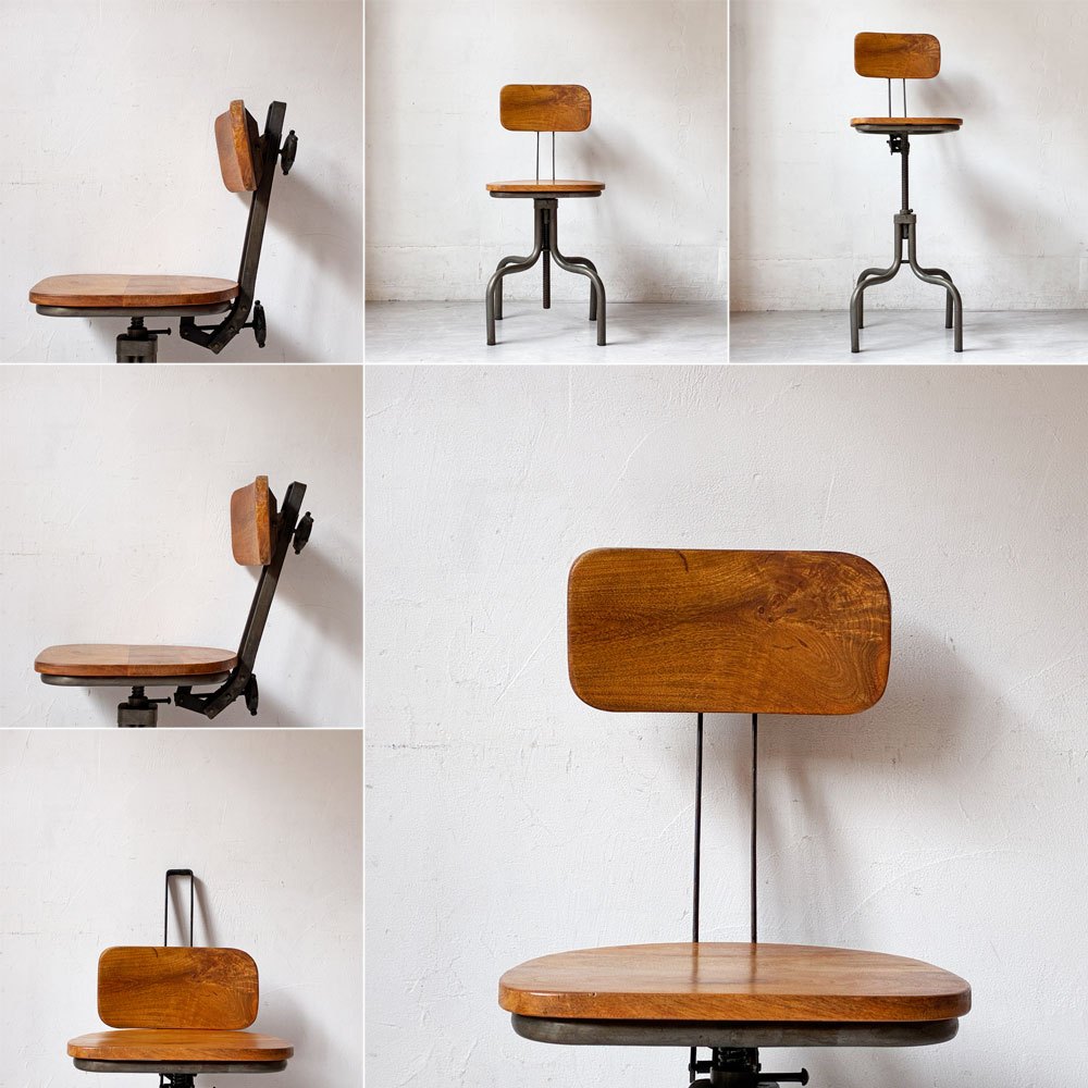 ビンテージ Vintage ドラフティングチェア ダイニングチェア カウンターチェア ワークチェア 無垢材×スチール 昇降機能 インダストリアルデザイン 店舗什器 ★