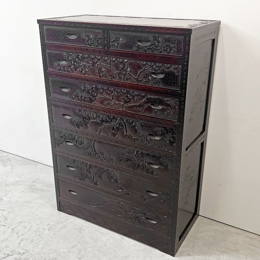 軽井沢彫 箪笥 チェスト 7段 抽斗8杯 桜彫刻 星打ち 細密彫刻 伝統工芸品 民藝家具 ●