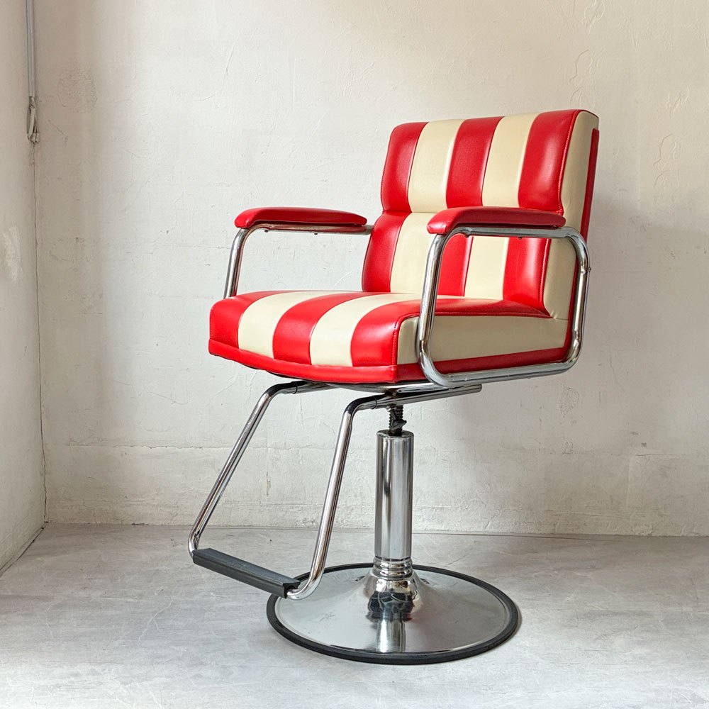 ビンテージ Vintage バーバーチェア barber chair スタイリング チェア 理美容椅子 ストライプ柄 レトロデザイン 回転式高さ調整可能 ★