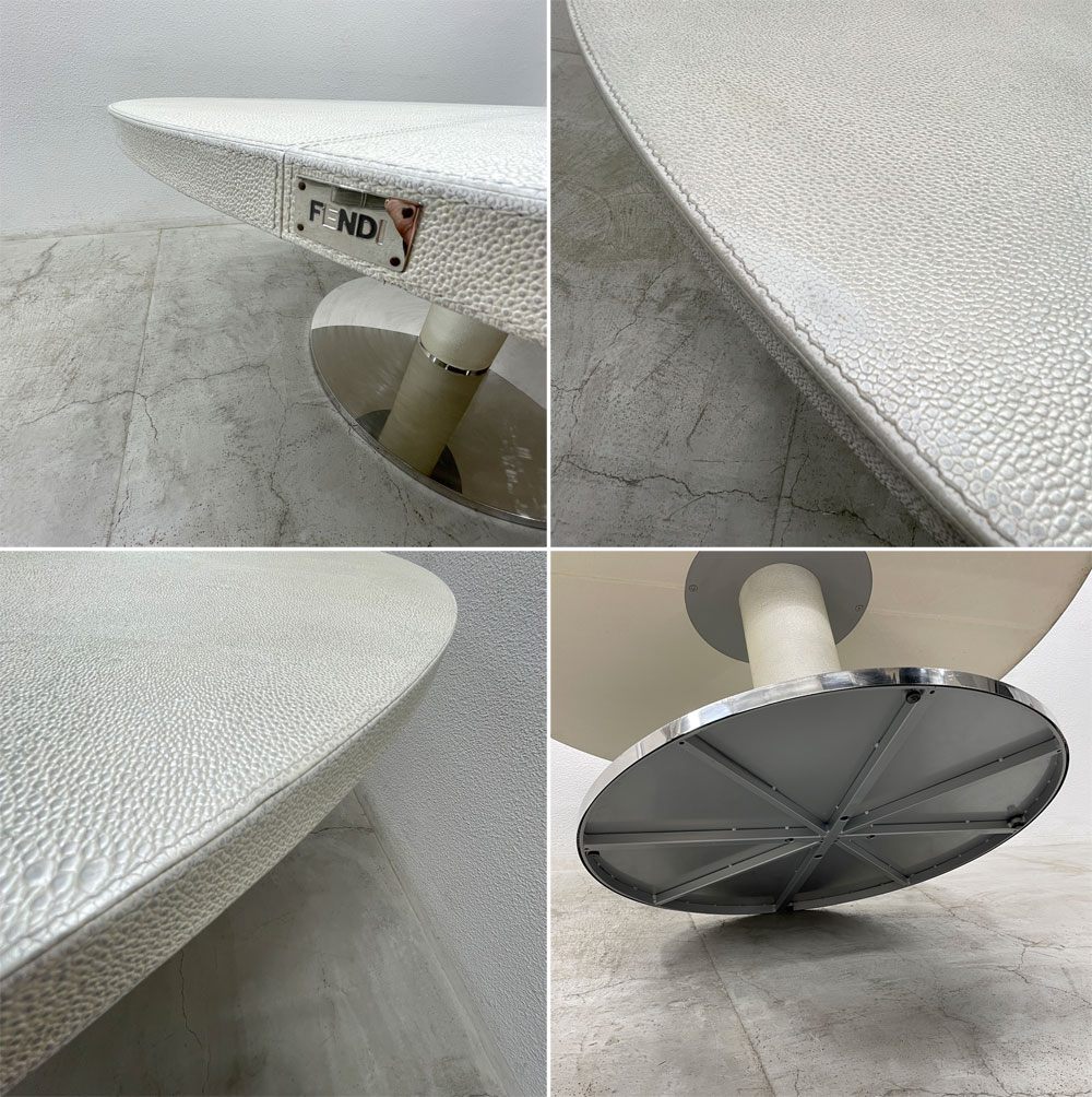 フェンディ・カーサ FENDI CASA ベルニーニ Bernini ラウンドダイニングテーブル 牛革リザード型押し パールホワイト 参考価格 約80-120万の品 〓