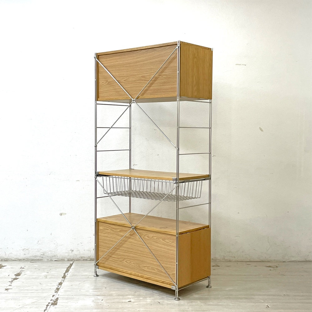 無印良品 MUJI ステンレスユニットシェルフ オーク材 食器棚 本棚 飾り棚 収納棚 H175.5cm ガラス引き戸 引出し付 ●