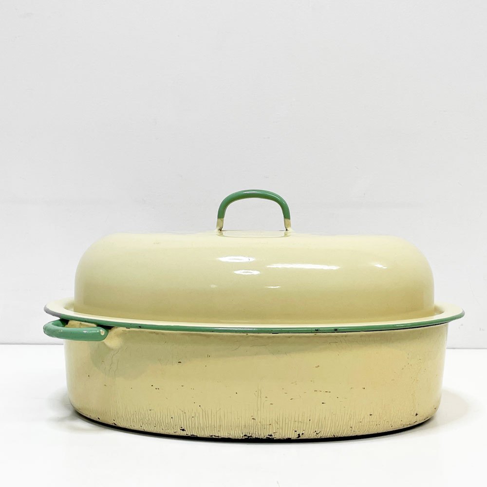 コクムス KOCKUMS ホーロー オーバル キャセロール W37cm ベージュ グリーン ビンテージ ●