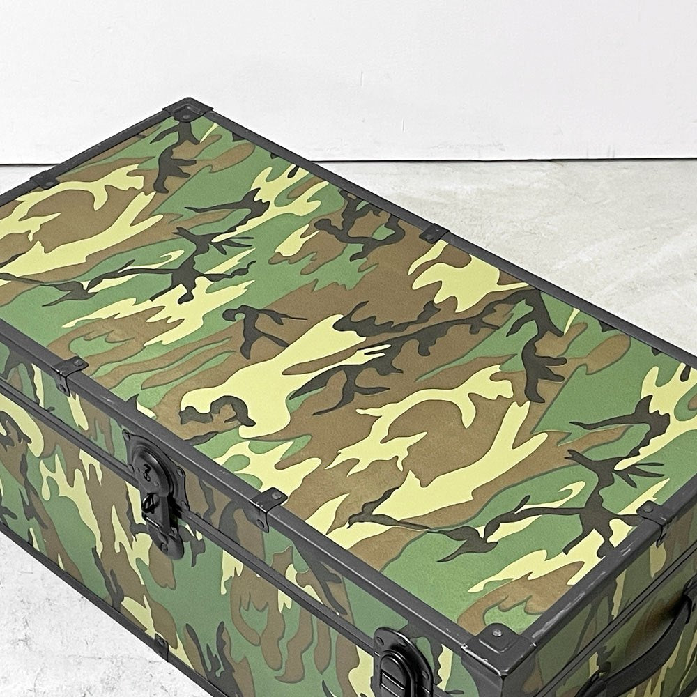 ミリタリースタイル Military Style 迷彩柄 トランク グリーン MDF 金属フレーム 収納ケース ローテーブル 鍵付き ●