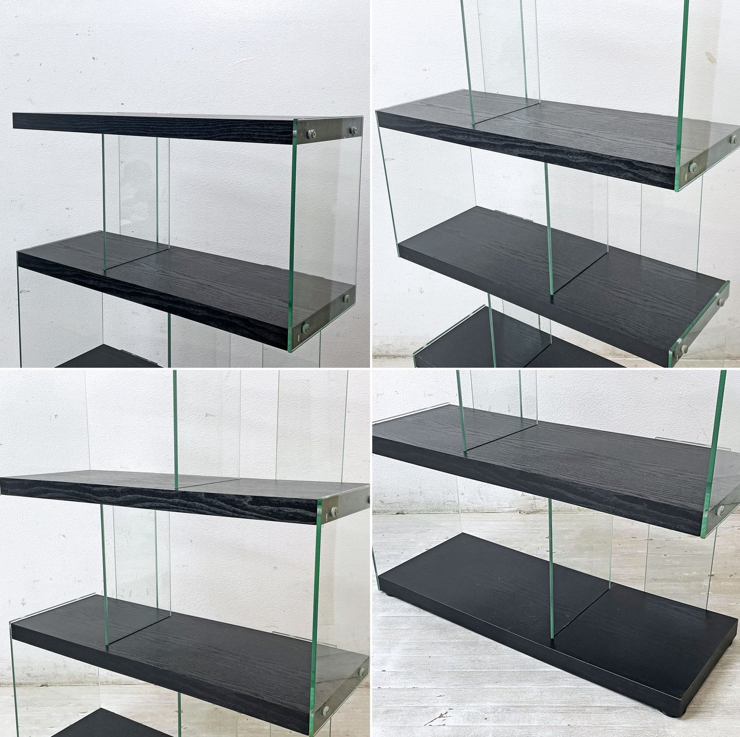 モダンデザイン Modern Design ウッド調棚板ｘガラス オープンシェルフ ディスプレイケース 飾り棚 S字 階層型 ●