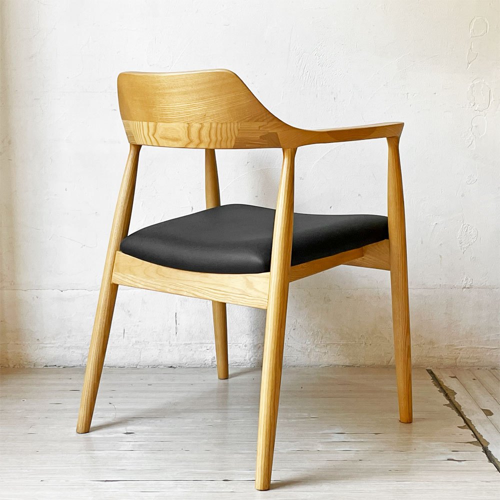 関家具 ロジャーⅢ ダイニングチェア アームチェア オーク材 PVCレザー ブラック 美品 ★