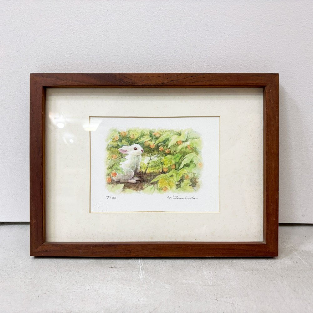 土田穣 ジクレー版画 黄色の実 W32.5cm 16/100 ウサギ 額装品 ●
