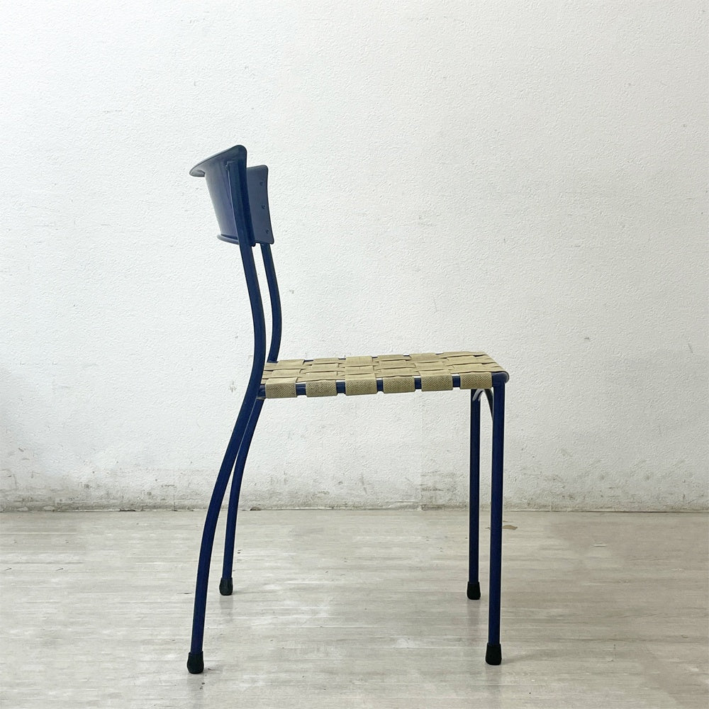 アルテラーノ ARTELANO ビンテージ スチールフレームチェア ウェービングテープ張り座面 スタッキングチェア ブルー フランス A ●