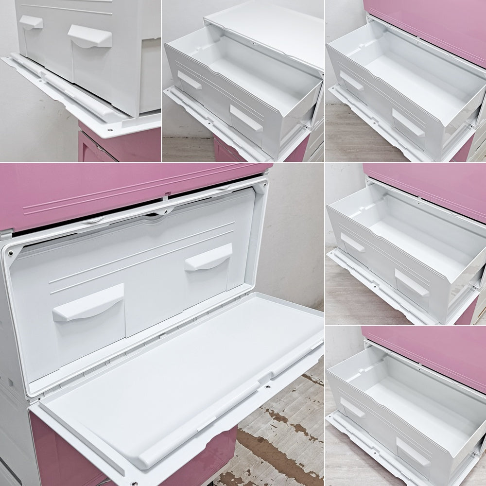 タッパーウェア Tupperware スーパーチェスト ワイド Super chest Wide 引出1段 ピンク 4段セット 専用カート付 ●