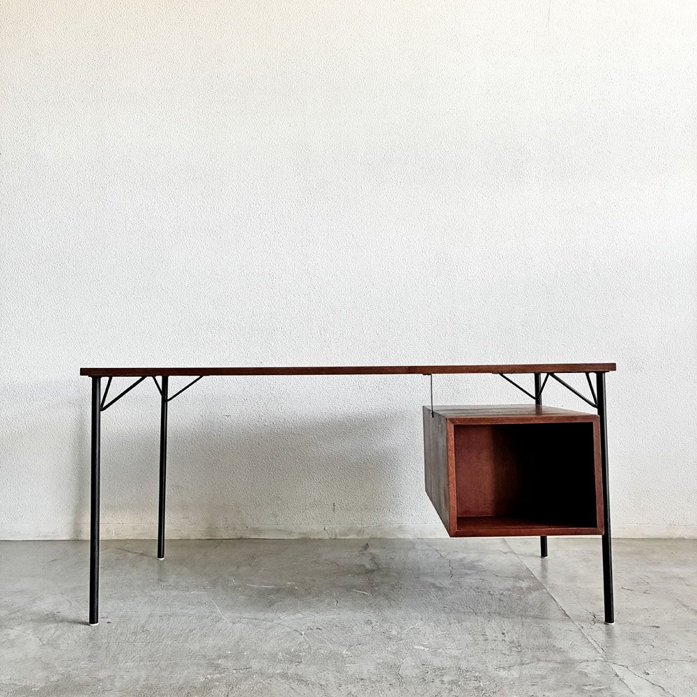 ビンテージ Vintage チーク材 片袖デスク W150cm 抽斗4杯 背面棚 スチール脚 ミッドセンチュリー 〓
