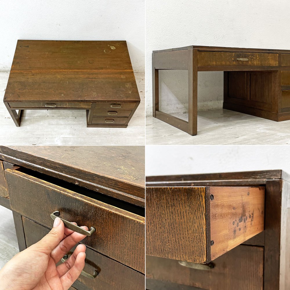 ジャパンビンテージ Japan Vintage 文机 座卓 ローテーブル 木製 抽斗4杯 木味 古家具 ●