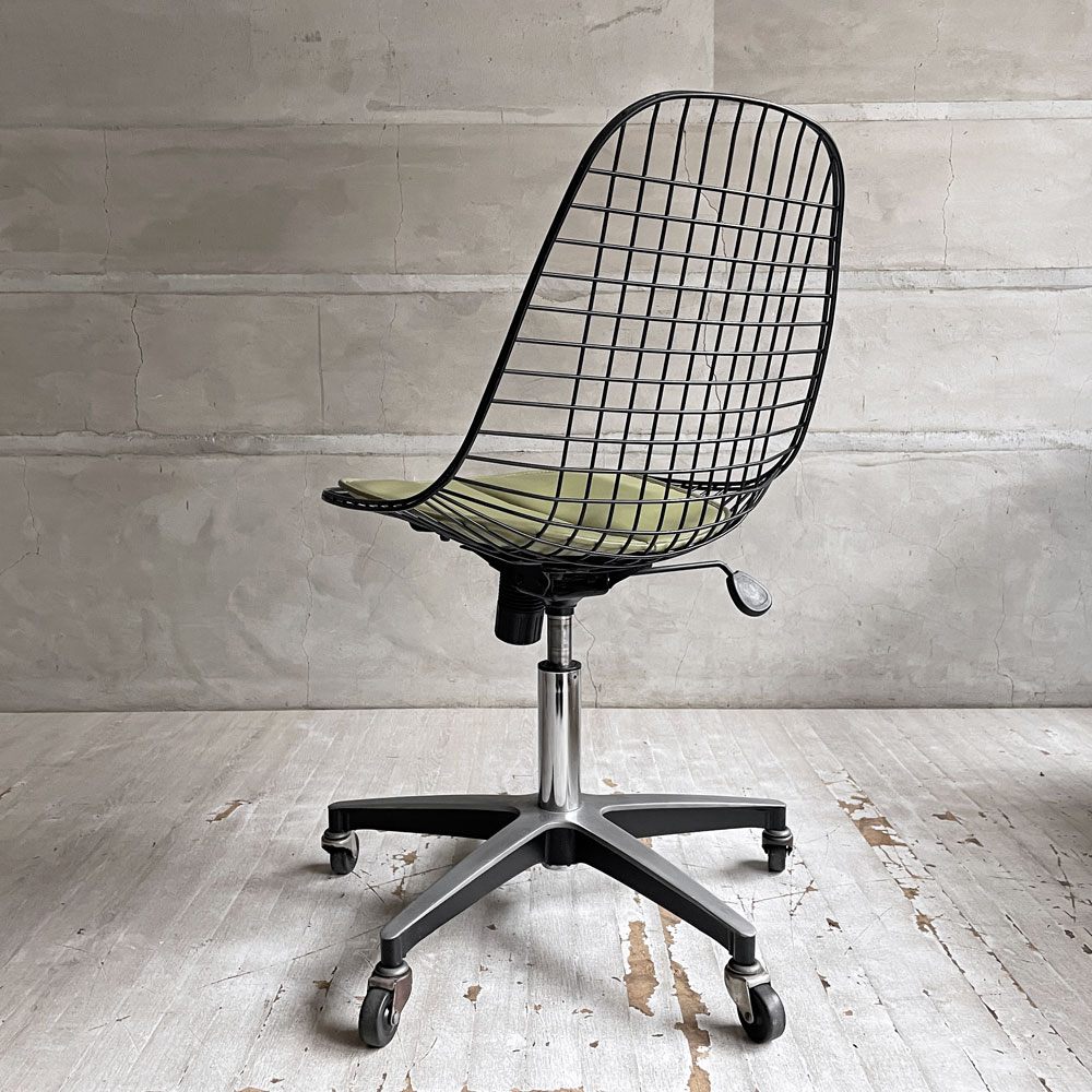 モダニカ MODERNICA ワイヤーチェア Wire Chair ブラックワイヤー ローリングベース キャスター ガス圧式昇降機能 シートパッド付 PVCレザー イームズ ミッドセンチュリー ♪