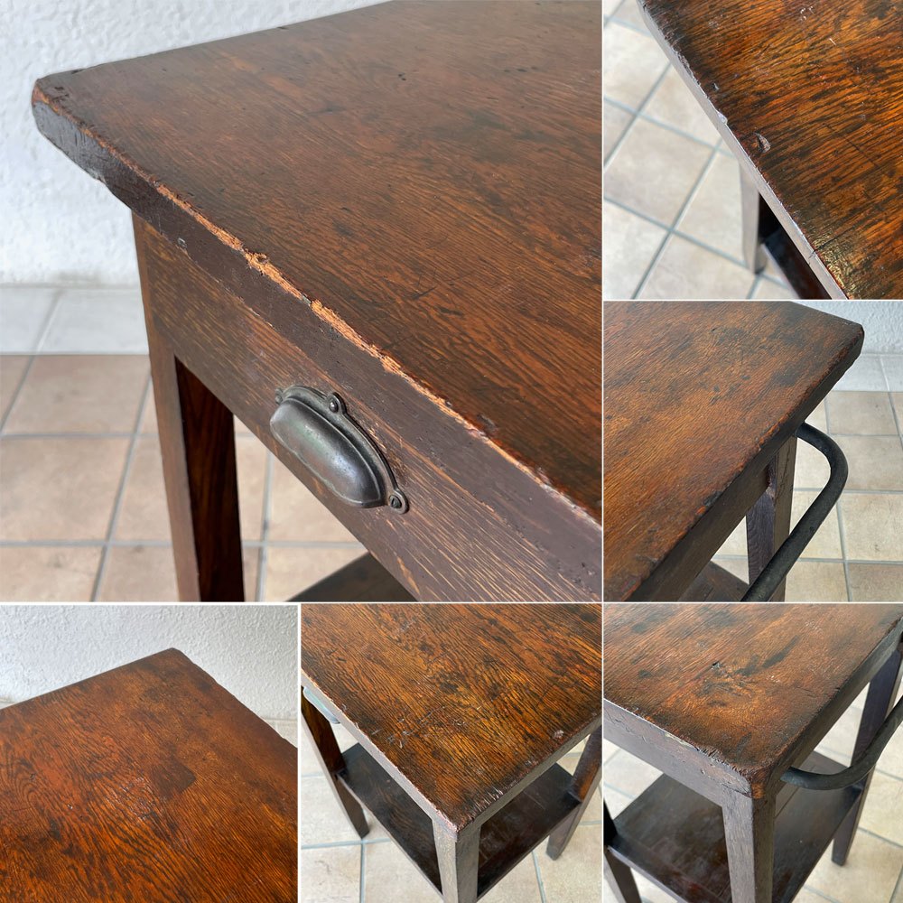 ジャパンビンテージ 木製花台 サイドテーブル フラワースタンド 抽斗1杯 ハンガーバー付き 古家具 店舗什器 ◇