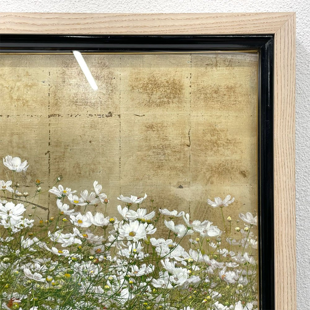 井阪仁「秋麗」油彩 F50号相当 コスモス花風景 大作 額装 約127cm 大型絵画 〓