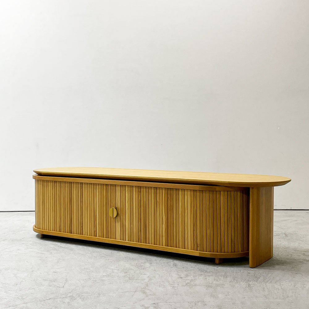 ノーウェアライクホーム NOWHERE LIKE HOME リンダ LINDA テレビボード ローボード w150～246cm オーク材 蛇腹扉 スチール アジャスター付 関家具 定価￥133,650- 展示品 美品 ●