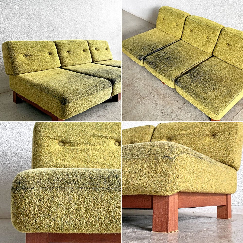 トラックファニチャー TRUCK FURNITURE ラウンジソファ 3シーター LOUNGE SOFA 3-SEATER 3人掛け ウォールナット無垢材 F-41 モスグリーン ブークレ 廃番色 参考定価￥328,900 現状品 〓