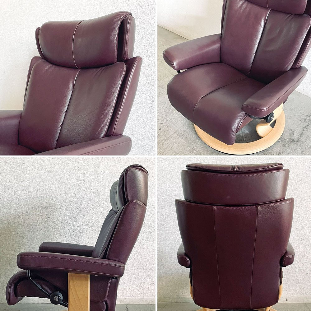 エコーネス EKORNES ストレスレス Stressless マジック Magic リクライニングチェア クラシックベース Mサイズ オットマン付き ボルドー系 〓