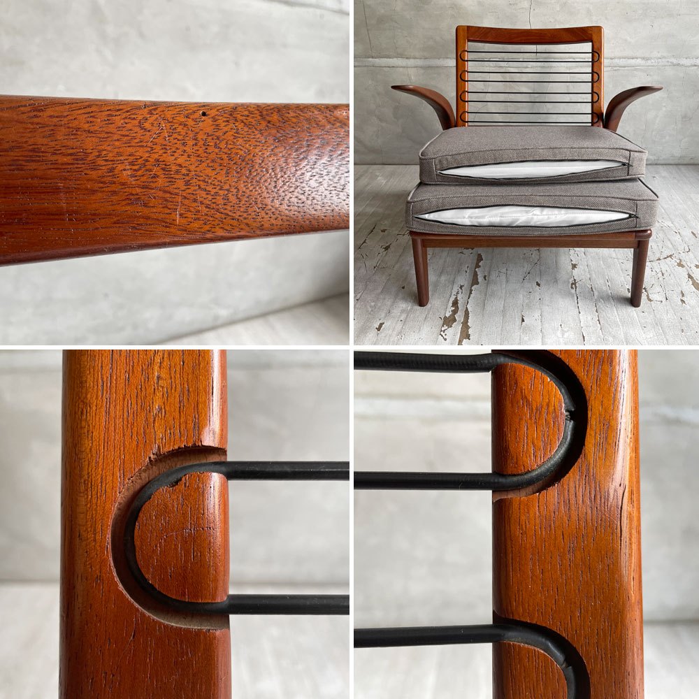 ギムソン＆スレーター Gimson & Slater ローバックラウンジチェア 1Pソファ チーク無垢材 ワイヤースプリング UKビンテージ ファブリック・クッション交換済み ♪
