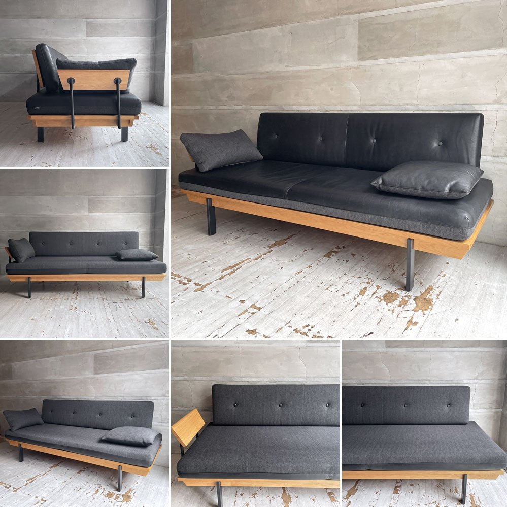 カーフ Karf ホルツ HOLZ 3Pソファ スタイルA クッション2個付き 片アーム 本革×ファブリック リバーシブル オーク無垢材 スチールレッグ ♪