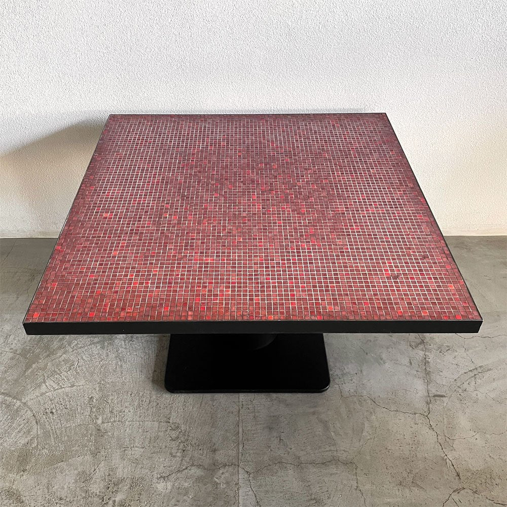 ビンテージ ハンドメイド ガラス モザイク タイルトップ スチールボディ スクエア ダイニングテーブル カフェテーブル W120×D120×H72cm 希少品 〓
