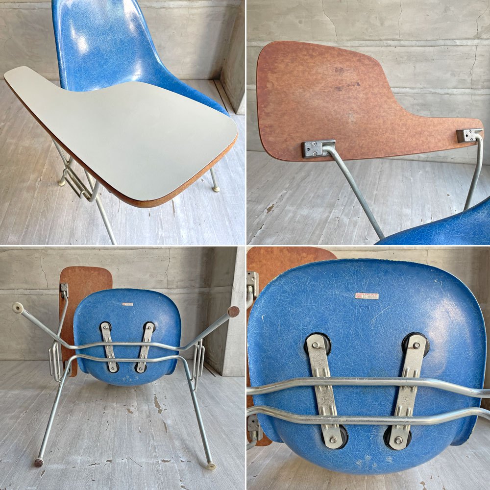 ハーマンミラー Herman Miller サイドシェルチェア セカンド 2ndビンテージ ウルトラマリンブルー FRP スタッキング ナローマウント 肘掛けテーブル付 スクールベース イームズ ミッドセンチュリー ♪