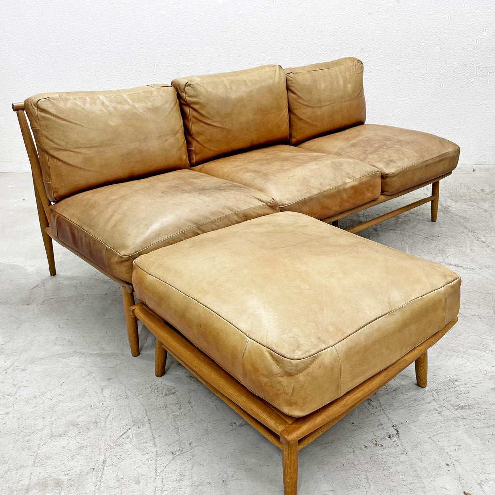 モモナチュラル Momo Natural クラウド CLOUD 3Pソファ 3人掛け & オットマン レザーシート 本革 オーク無垢材 フェザー×ウレタンクッション 〓