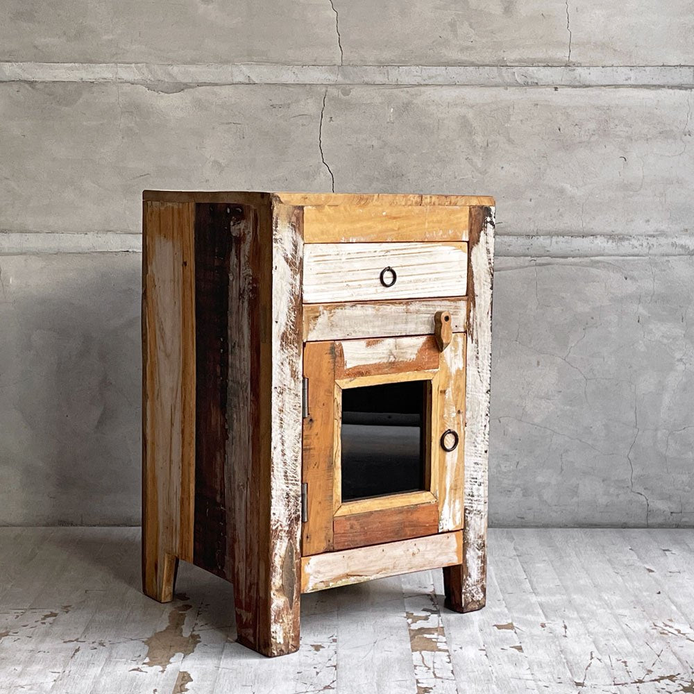 ジャーナルスタンダード ファニチャー j.s.F ドリュー DREUX スモールキャビネット サイドチェスト ナイトテーブル 古材 ホワイトペイント H61cm 廃番 ♪