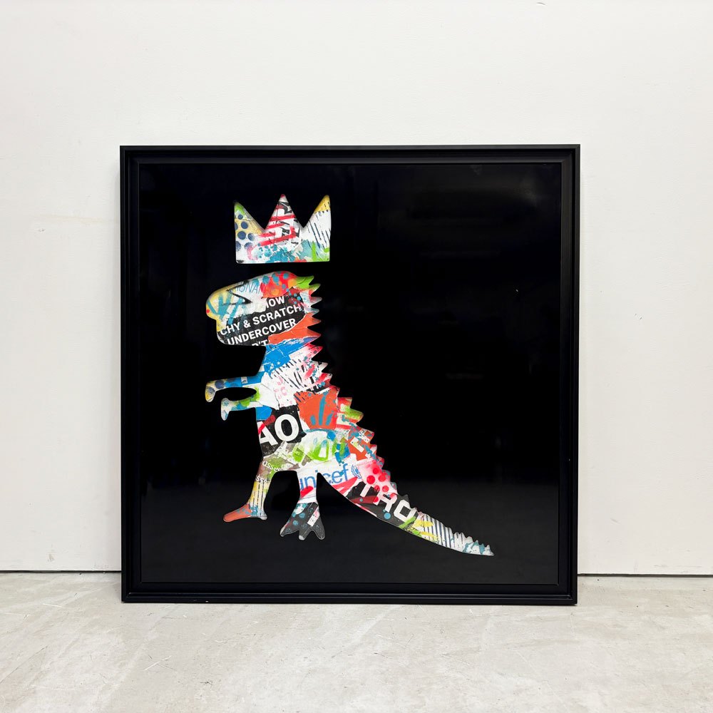 Aiiroh black Series Street Rex アートフレーム コラージュアート ミクストメディア グラフィティ 現代アーティスト ストリート 王冠 恐竜 バスキア風 フランス ●