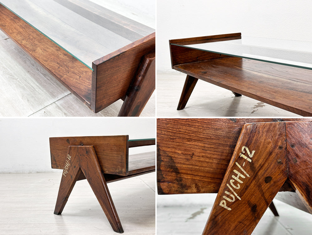 ピエールジャンヌレ Pierre Jeanneret コーヒーテーブル Coffee Table チーク無垢材 ガラス チャンディーガル レター有り 1960‘s ビンテージ PU/CH/-12 ●