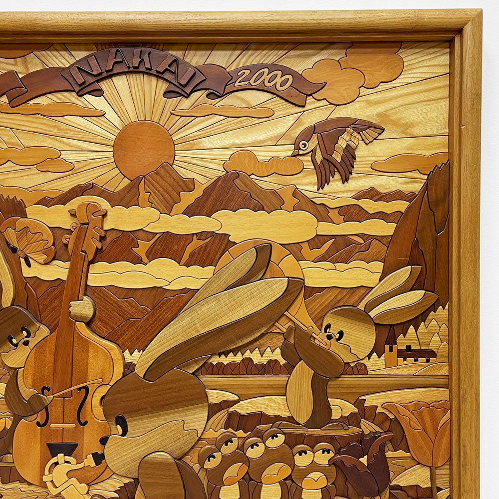 あさのたかを デザインオフィス 木壁画 ウサギの合奏会 ウッドアート 組木絵画 彫刻絵画 125x100cm あさのたかを 現代作家 ●