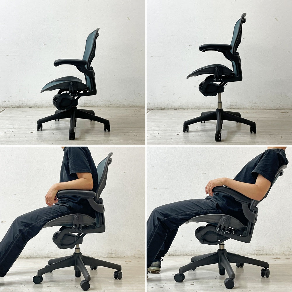 ハーマンミラー Herman Miller アーロンチェア Bサイズ ランバーサポート フル装備 グラファイトベース グリーン系 ビル・スタンフ ＆ ドン・チャドウィック 現状品 ●
