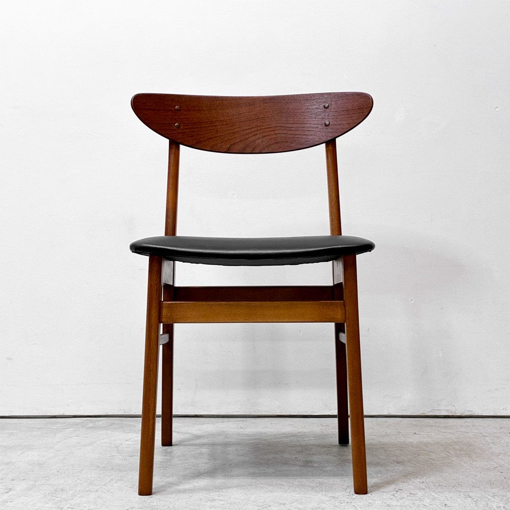 北欧ビンテージ Scandinavian Vintage チーク材 ダイニングチェア プライウッド 背もたれ ブラック PVCレザー 北欧家具 ●