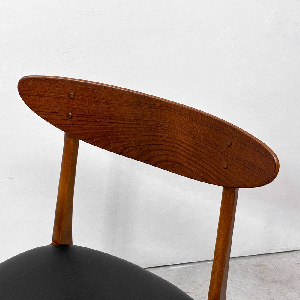 北欧ビンテージ Scandinavian Vintage チーク材 ダイニングチェア プライウッド 背もたれ ブラック PVCレザー 北欧家具 ●