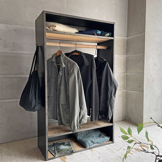 無相創 ハンガーシェルフ アイアンフレーム 木製ハンガーパイプ インダストリアル ビンテージ加工 オーダー品 店舗什器 ♪