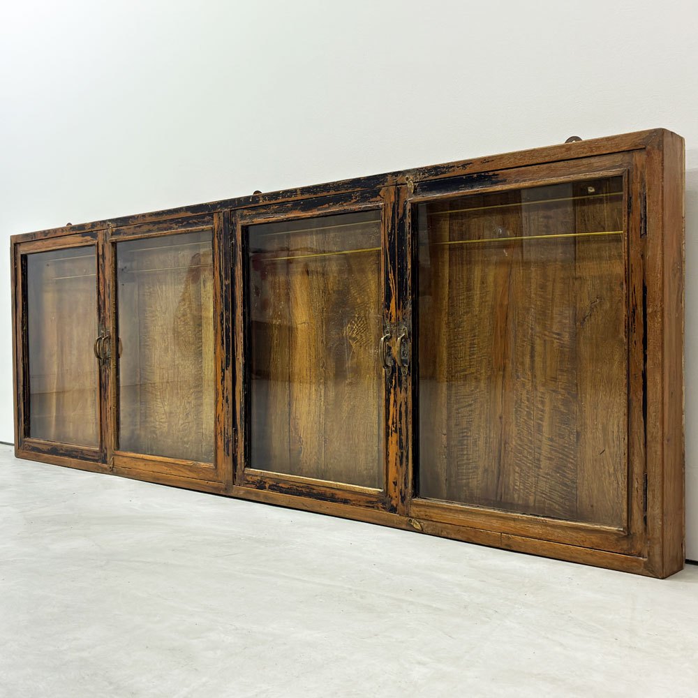 古材 ウォールディスプレイキャビネット 横型 開き戸 ネクタイ・アクセサリーハンガー付き コレクションケース 壁掛け収納 店舗什器 ●