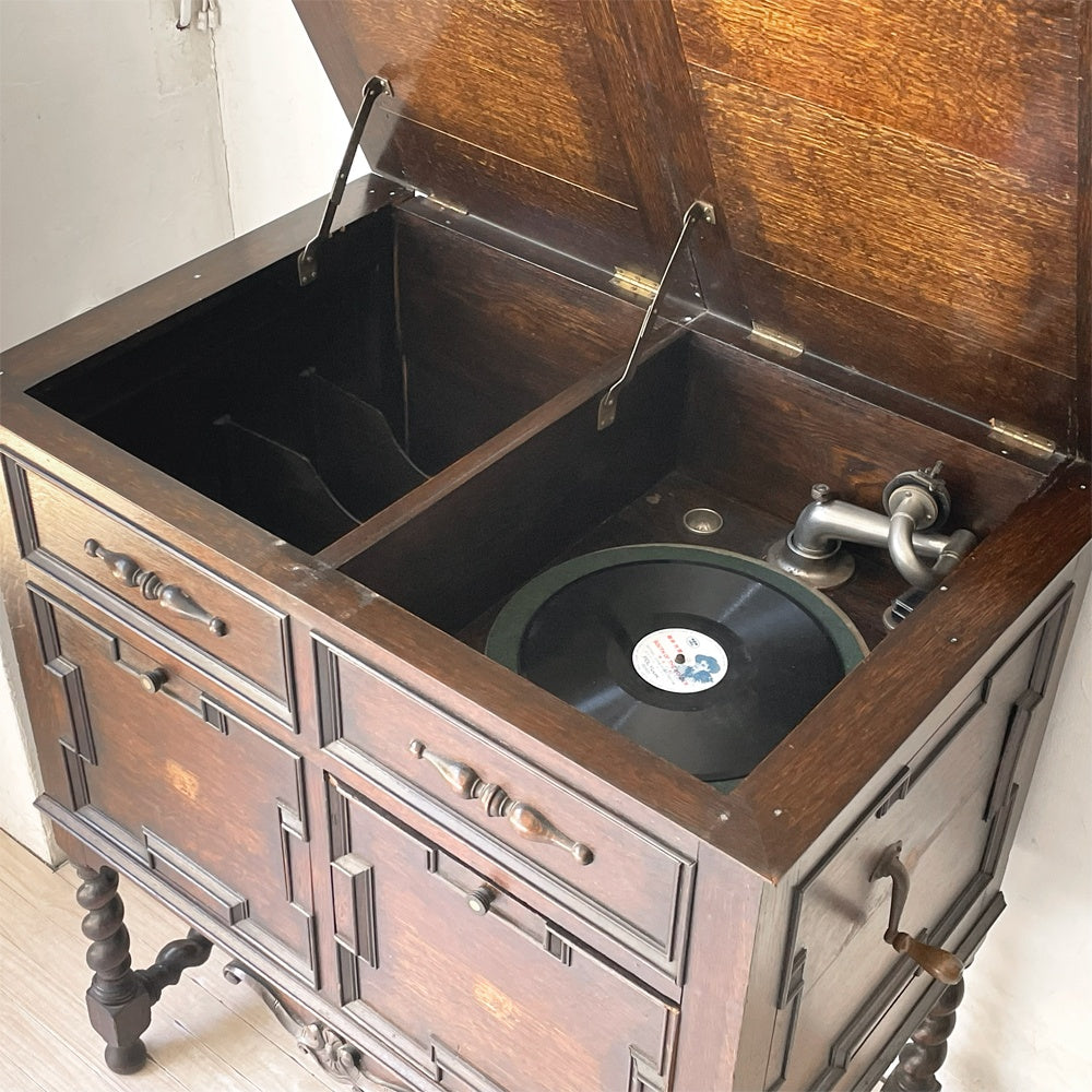 UKアンティーク グラムフォン Gramophone キャビネット型 蓄音機 手巻き式レコードプレーヤー ツイストレッグ 英国 動作品 ★