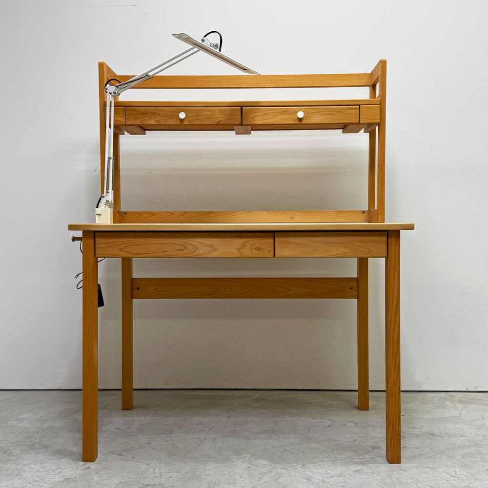 キシル XYL 4本脚デスク 100 + 机棚 つまみタイプ 100 + キシルZライト デスクライト ひのき無垢材 学習机 ●