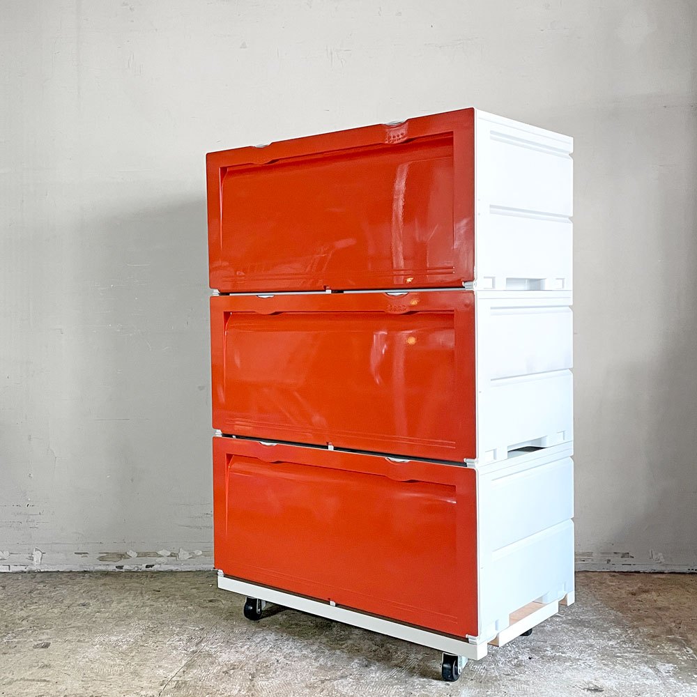 タッパーウェア Tupperware スーパーチェスト ワイド Super chest Wide 引出1段 オレンジ 3段セット 専用カート付 ■