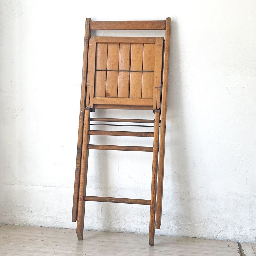 US ビンテージ スラットバック フォールディングチェア 折り畳み椅子 木味 カントリー アンティーク A ★