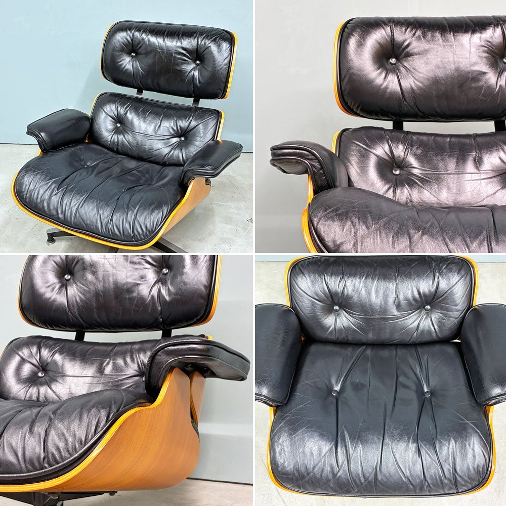 ハーマンミラー Herman Miller イームズラウンジチェア＆オットマン ブラックレザー ウォールナット C&Rイームズ ミッドセンチュリー 1999年製 ◎