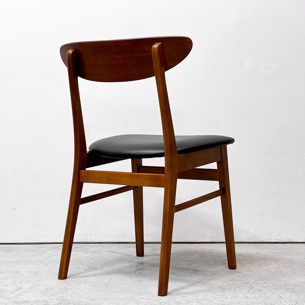 北欧ビンテージ Scandinavian Vintage チーク材 ダイニングチェア プライウッド 背もたれ ブラック PVCレザー 北欧家具 ●