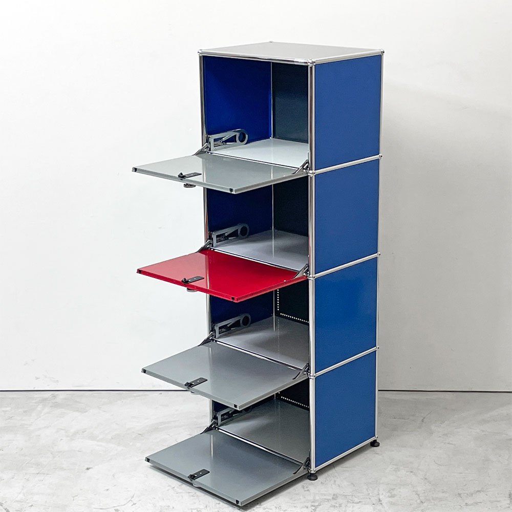 ユーエスエムハラー USM Haller モジュラーファニチャー Modular Furniture 1列4段 ドロップダウン扉 ミッドグレー × ジェンシャンブルー × ビーレッド × アントラサイト スイス ●