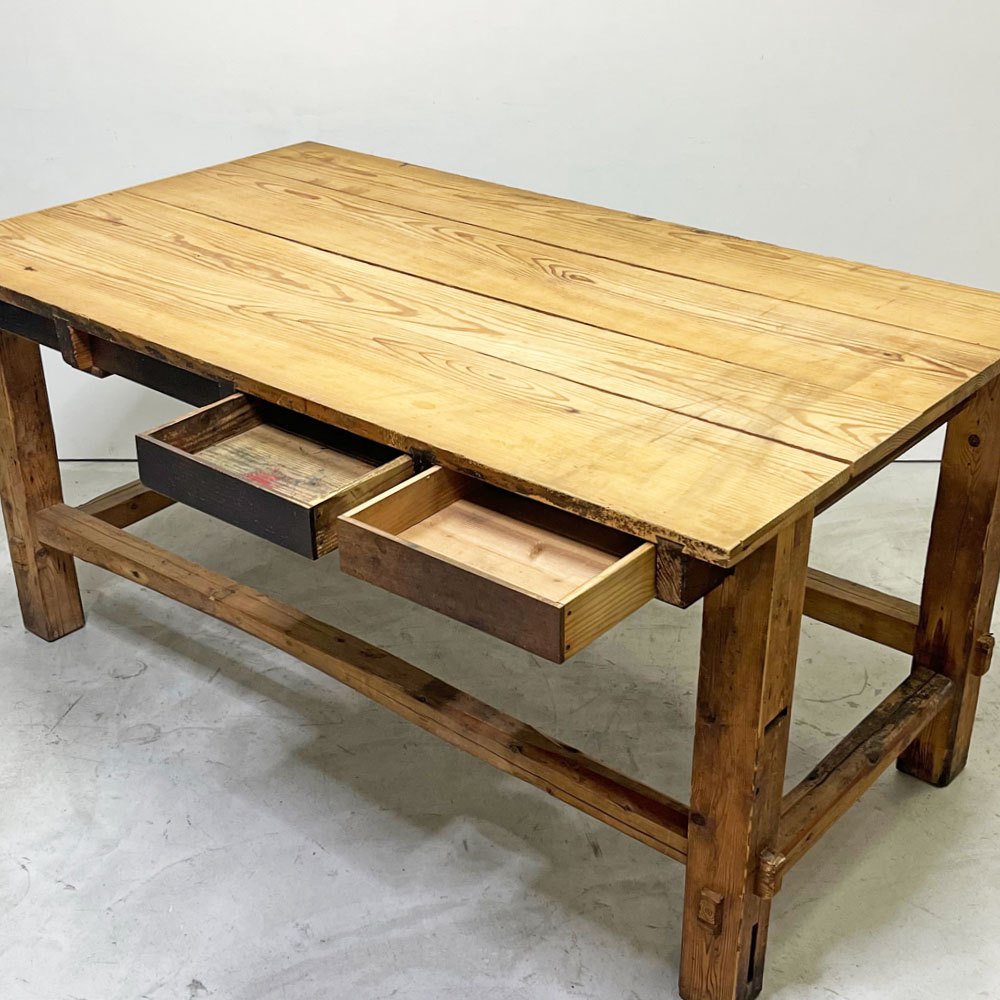 ヨーロッパビンテージ Europe vintage 木製 無垢材 ワークテーブル 作業台 W159cm 抽斗8杯 木味 ディスプレイ台 店舗什器 ●